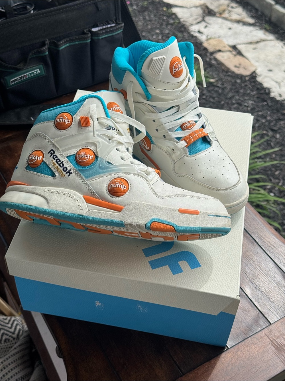 Reebok x MSCHF “The Pump” Omni Zone II Sneakers White/Teal/Orange w/ Box